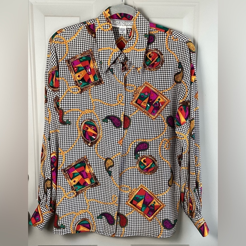 STARINGTON Silk Black White Print Beaded Stoned Vintage Holiday Women's Blouse 8